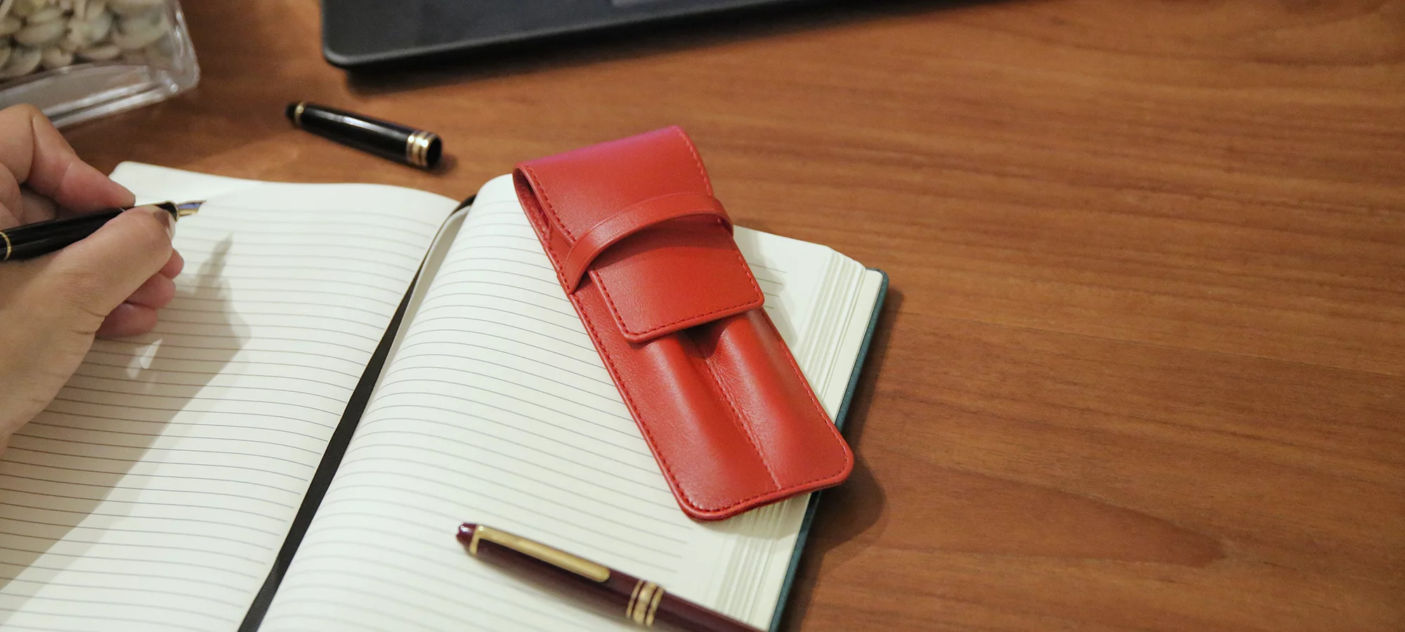 Pen Sleeve with Flap - 2 Pens - Light Taupe - Granulated Leather