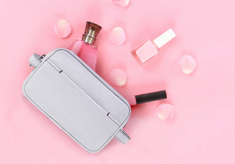 Makeup Bag for Travel (6.9 x 4.3 x 2.2 inches) - Mink - Pebbled Leather