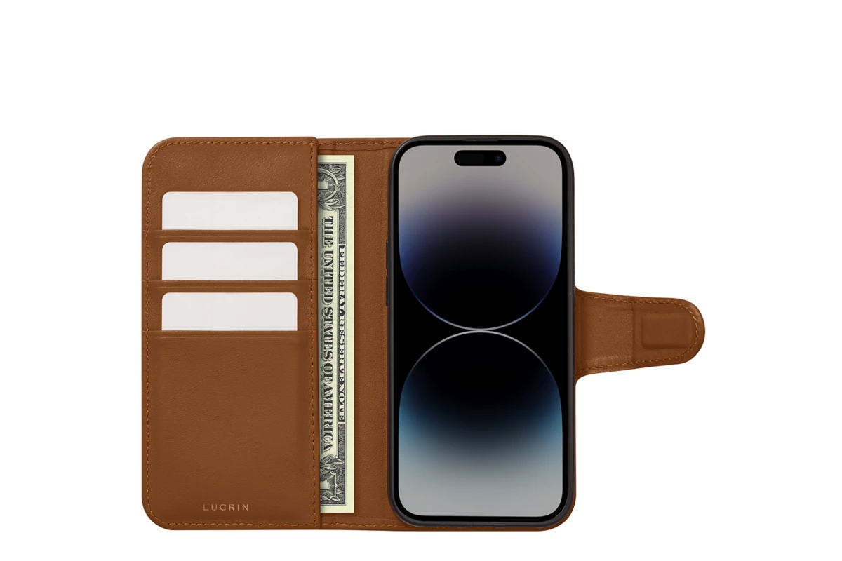 Leather wallet case for iPhone 14 Pro Max with card slots - Tan