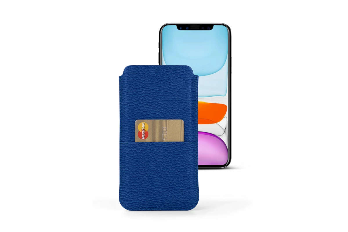 | Leather iPhone 11 pouch with pocket - Royal Blue - Pebbled Leather