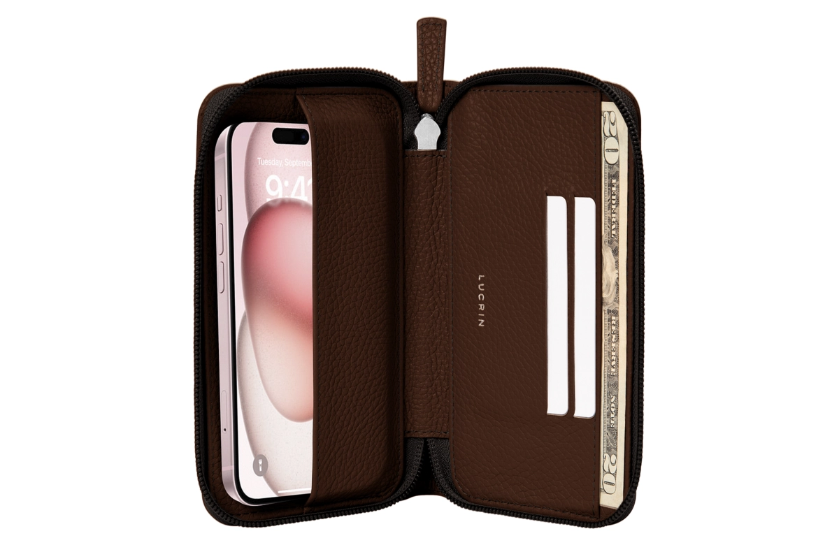 Reißverschluss-Brieftasche – iPhone 15 Plus - Dunkelbraun - Genarbtes Leder - - main product photo