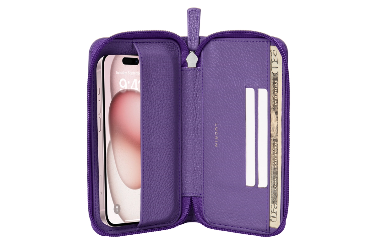 Reißverschluss-Brieftasche – iPhone 15 Plus - Lavendel - Genarbtes Leder - - main product photo