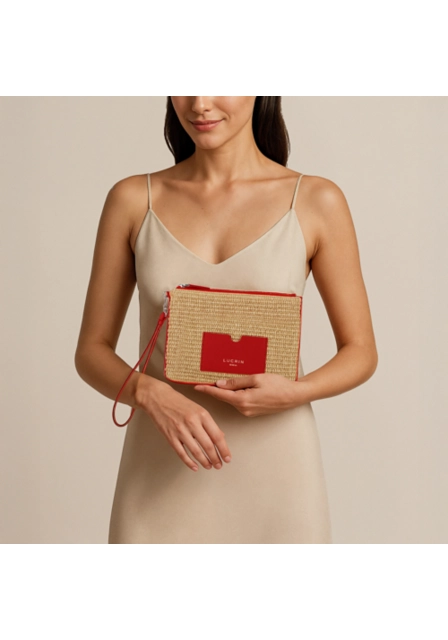 Summer Raffia Pouch – Classic Size - Red - Smooth Leather