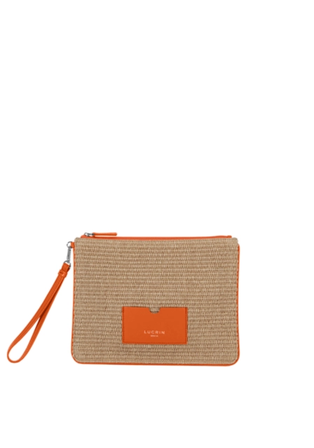 Raffia Summer Pouch - Large Size - Orange - Smooth Leather