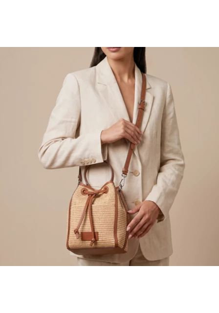 Mini Raffia Summer Bucket Bag - Natural - Smooth Leather