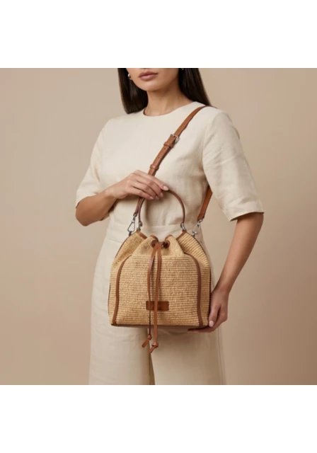 Raffia Summer Bucket Bag - Orange - Smooth Leather