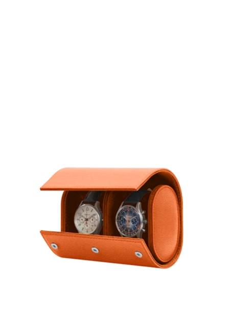 Watch case for 2 watches - Orange - Pebbled Leather