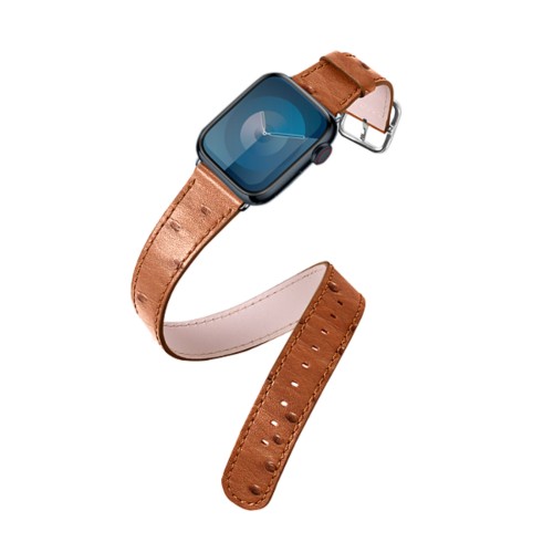 Doppelt gewickeltes Armband – Apple Watch 45 mm - Cognac - Echtes Straußenleder