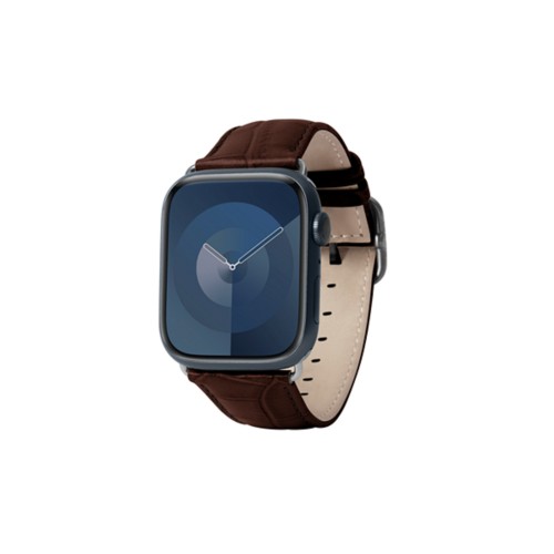 Luxus -  Apple Watch 41 mm  -  Silber  -  Dunkelbraun  -  Leder in Krokodil -  Optik