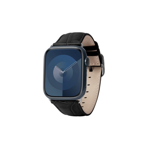 Luxus -  Apple Watch 41 mm  -  Silber  -  Schwarz  -  Leder in Krokodil -  Optik
