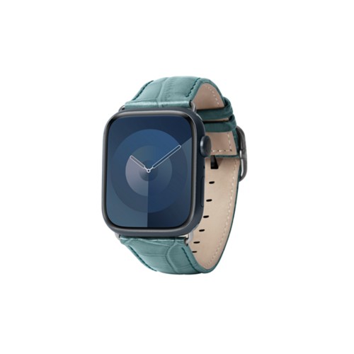Luxus -  Apple Watch 41 mm  -  Silber  -  Türkisblau  -  Leder in Krokodil -  Optik