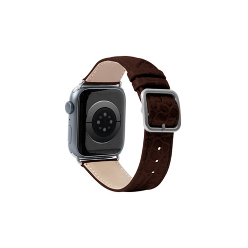 Luxus -  Apple Watch 41 mm  -  Silber  -  Dunkelbraun  -  Leder in Krokodil -  Optik