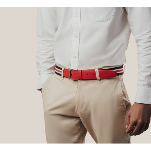 Cinturón de cuero y algodón tejido en rojo raya 3.5 cm