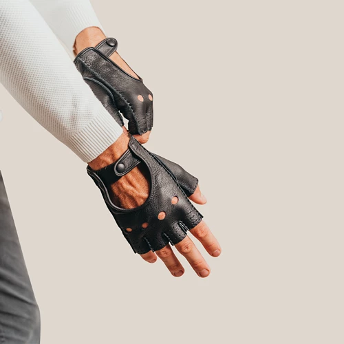 Leather fingerless driving gloves for men - Black - Deer Leather