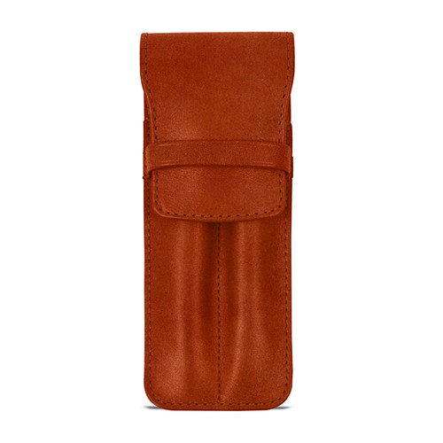 Double pen case with flap - Tan - Vegetable Tanned Leather