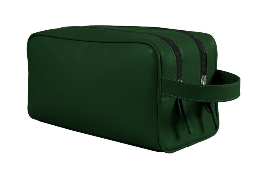 Toiletry Bag with 2 Compartments Dark Green Smooth Leather