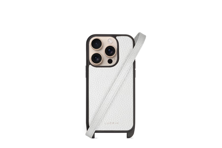 BANDOLIER レザー 16pro iPhoneケースホワイト Luxury Crossbody Case for iPhone 16 Pro Max - White - Pebbled Leather