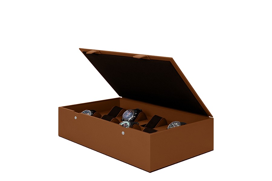 Luxury Leather Watch Box for 8 Watches Customisable Wood Base Microfiber Interior Tan Smooth Leather