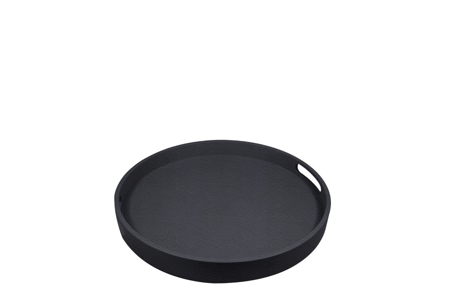 Round wooden service tray sheathed in leather Navy Blue Granulated