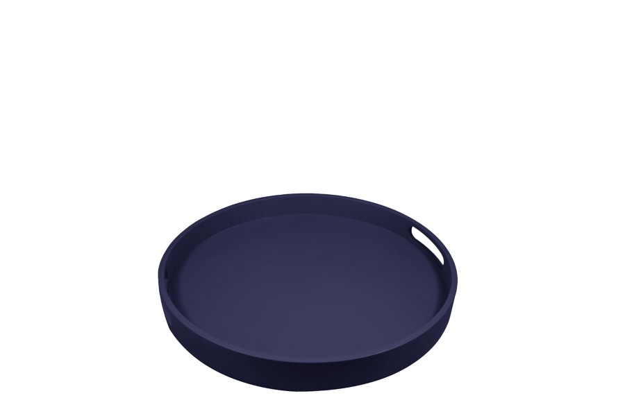 Round wooden service tray sheathed in leather Navy Blue Smooth Leather
