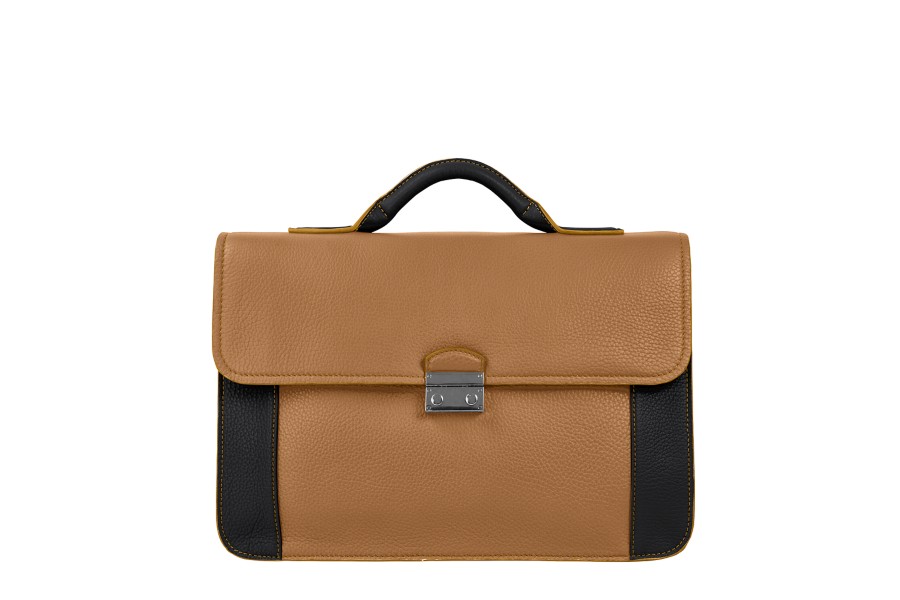 Leather lawyer briefcase NaturalBlack Granulated Leather