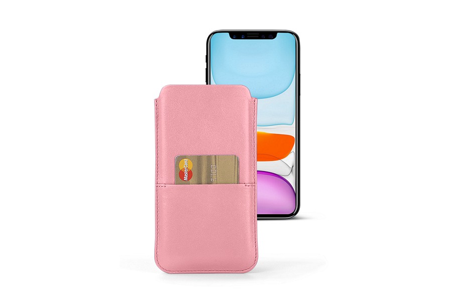 Leather iPhone 11 pouch with pocket - Pink - Smooth Leather