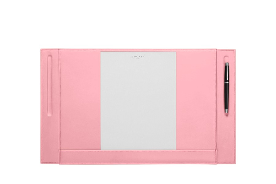 Leather Desk Pad with 2 Pen Stands Pink Smooth Leather