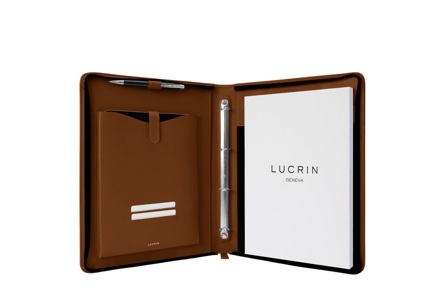 Portafoglio In Pelle Italiana Formato A4 - Con Zip, 4 Anelli E Manico, Marrone Elegante - Foto 9