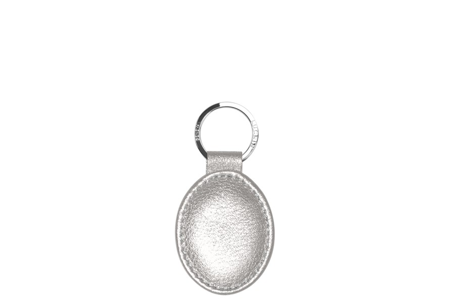 Silver Color Key Ring Oval leather key ring with silver ring - Silver - Metallic Leather