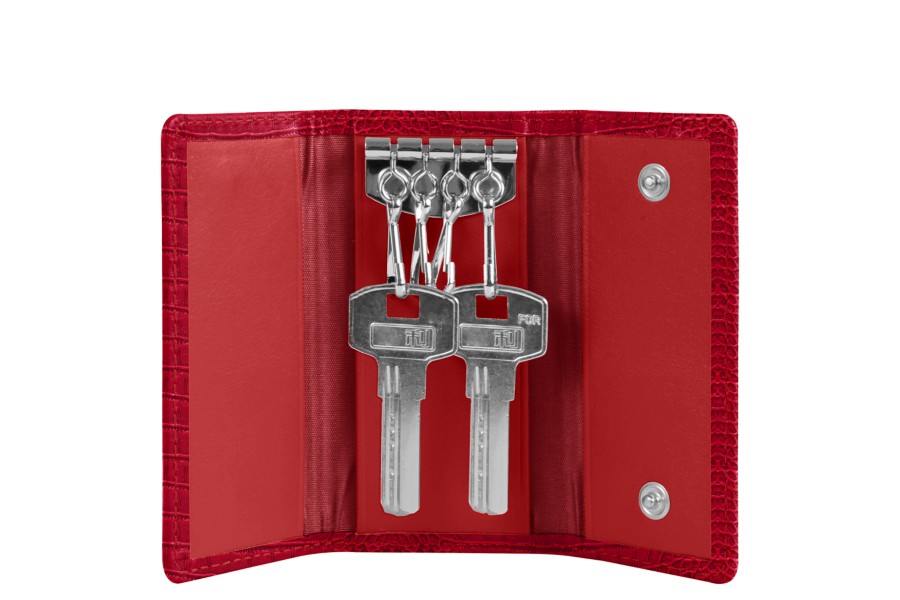 Leather 4 Hook Key Case with Closure - Red - Crocodile Style Calfskin