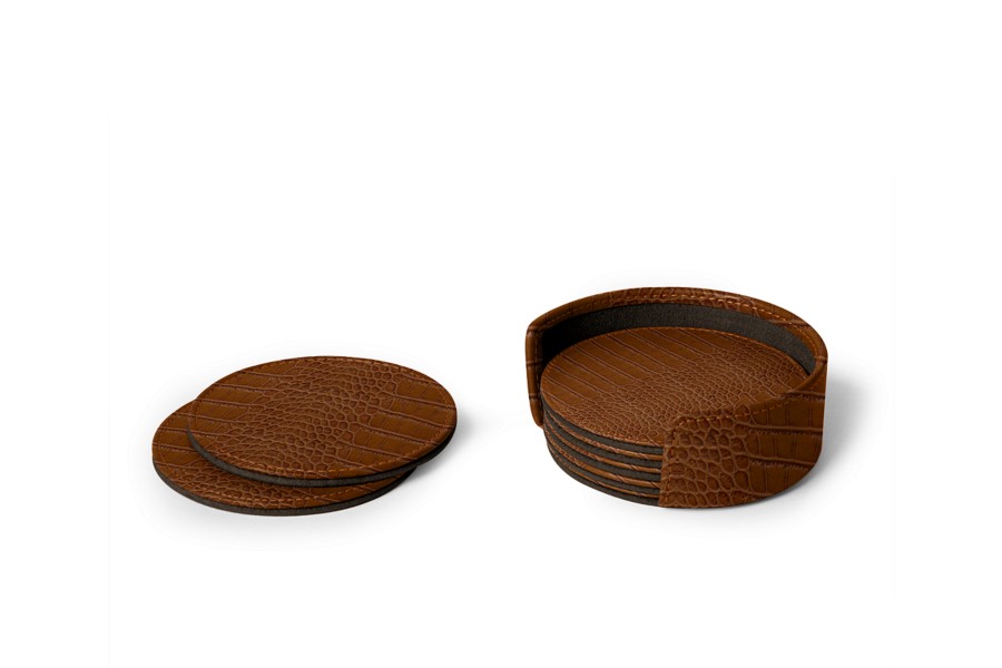 Leather Set of 6 Coasters Camel Crocodile style calfskin