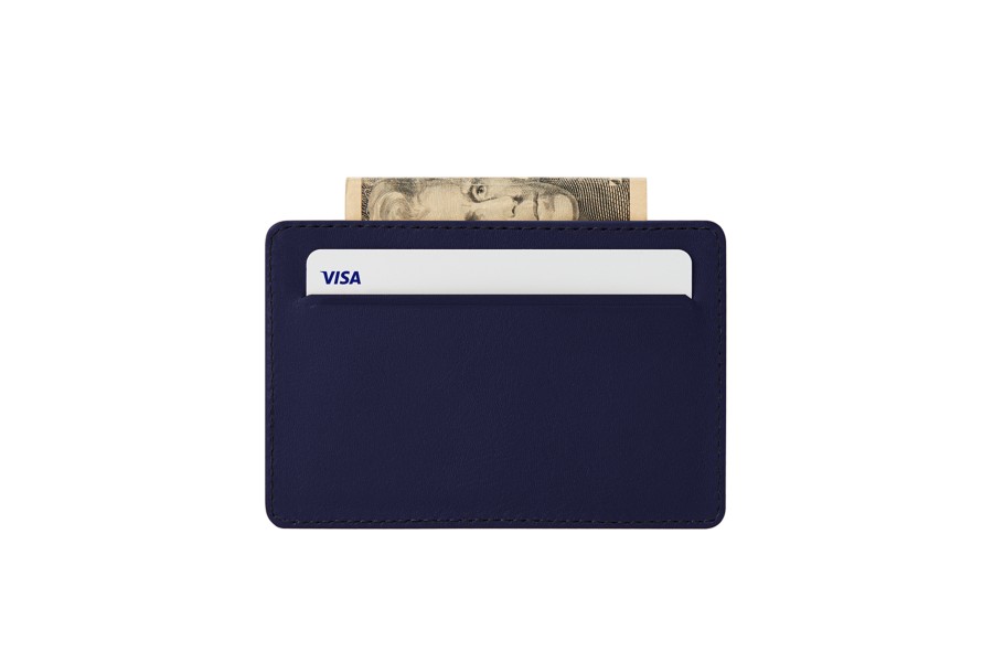 Leather case for 2 credit cards with central pocket Navy Blue