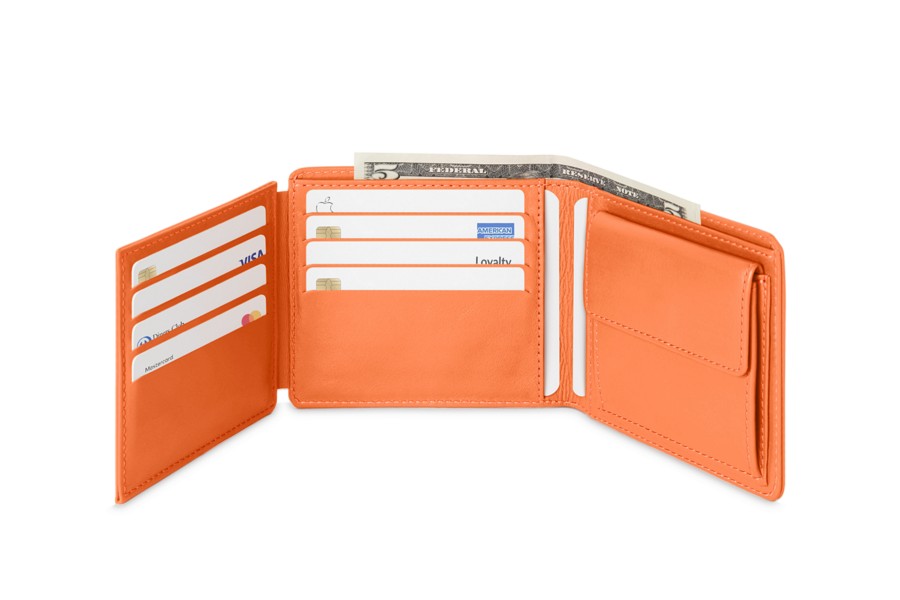 Trifold leather wallet for men Orange Smooth Leather
